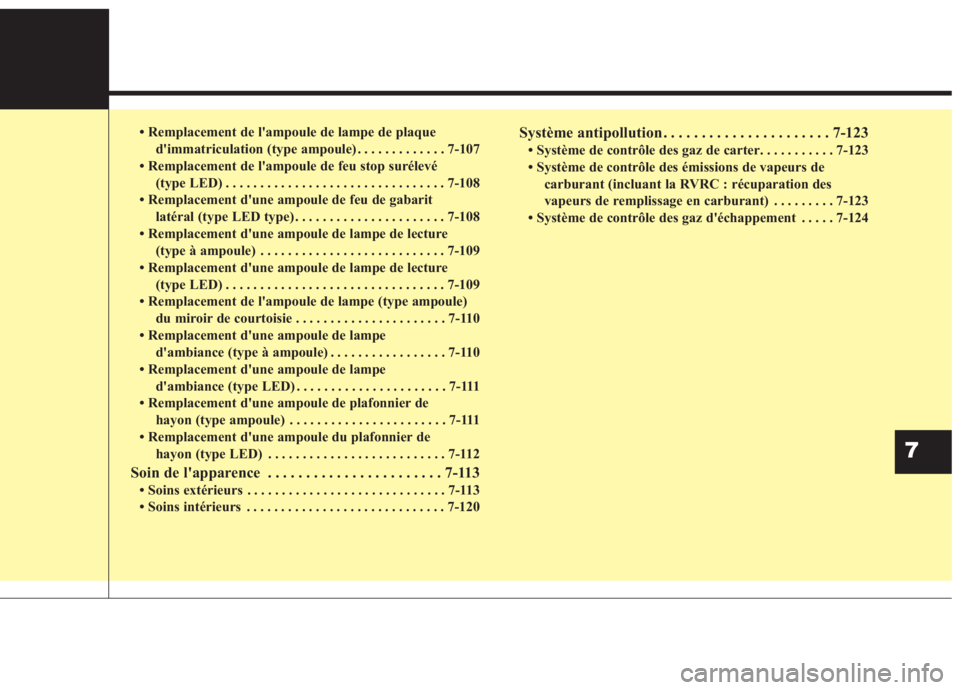 KIA NIRO 2020 Manuel du propriétaire (in French) Remplacement de lampoule de lampe de plaque dimmatriculation (type ampoule) . . . . . . . . . . . . . 7-107
Remplacement de lampoule de feu stop surélevé (type LED) . . . . . . . . . . . . . KIA NIRO 2020 Manuel du propriétaire (in French) Remplacement de lampoule de lampe de plaque dimmatriculation (type ampoule) . . . . . . . . . . . . . 7-107
Remplacement de lampoule de feu stop surélevé (type LED) . . . . . . . . . . . . .