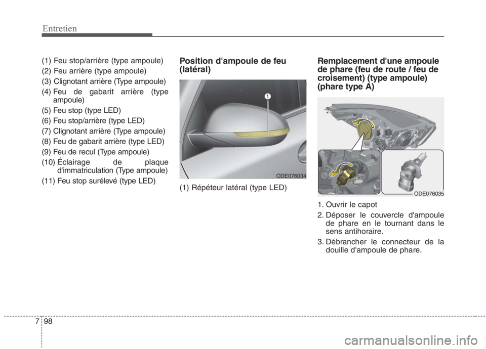 KIA NIRO 2020 Manuel du propriétaire (in French) 98
7
Entretien
(1) Feu stop/arrière (type ampoule)
(2) Feu arrière (type ampoule)
(3) Clignotant arrière (Type ampoule)
(4) Feu de gabarit arrière (type
ampoule)
(5) Feu stop (type LED)
(6) Feu KIA NIRO 2020 Manuel du propriétaire (in French) 98
7
Entretien
(1) Feu stop/arrière (type ampoule)
(2) Feu arrière (type ampoule)
(3) Clignotant arrière (Type ampoule)
(4) Feu de gabarit arrière (type
ampoule)
(5) Feu stop (type LED)
(6) Feu