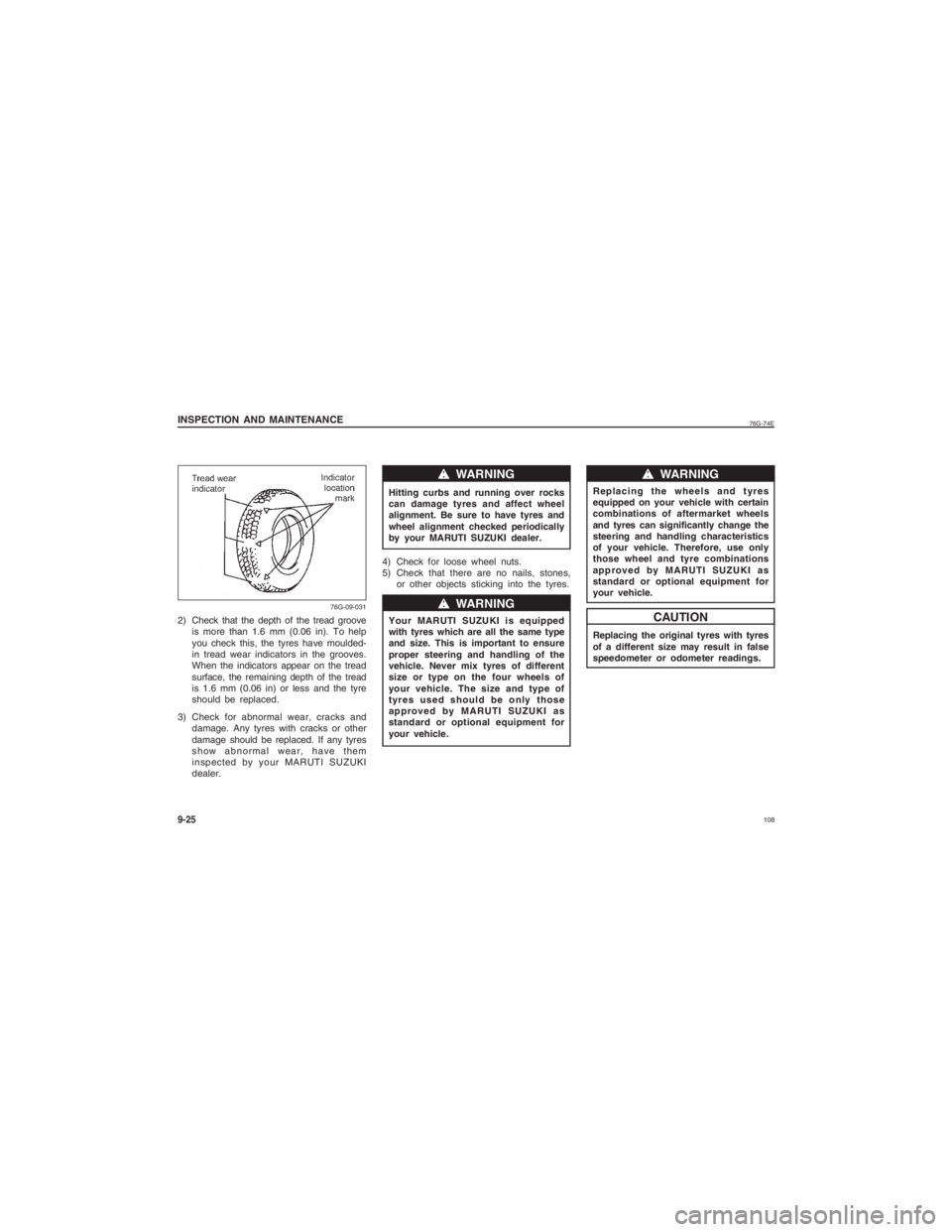 SUZUKI ALTO 2020  Owners Manual  108
76G-74E
INSPECTION AND MAINTENANCE9-252) Check that the depth of the tread grooveis more than 1.6 mm (0.06 in). To help
you check this, the tyres have moulded-
in tread wear indicators in the gro