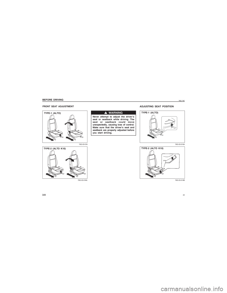 SUZUKI ALTO 2014 Owners Manual  22
76G-74E
3-9BEFORE DRIVINGFRONT SEAT ADJUSTMENT
76G-03-018
TYPE-1 (ALTO)
76G-03-018A
TYPE-2 (ALTO K10)
ADJUSTING SEAT POSITION
76G-03-019A76G-03-019B
TYPE-1 (ALTO)TYPE-2 (ALTO K10)
Never attempt to