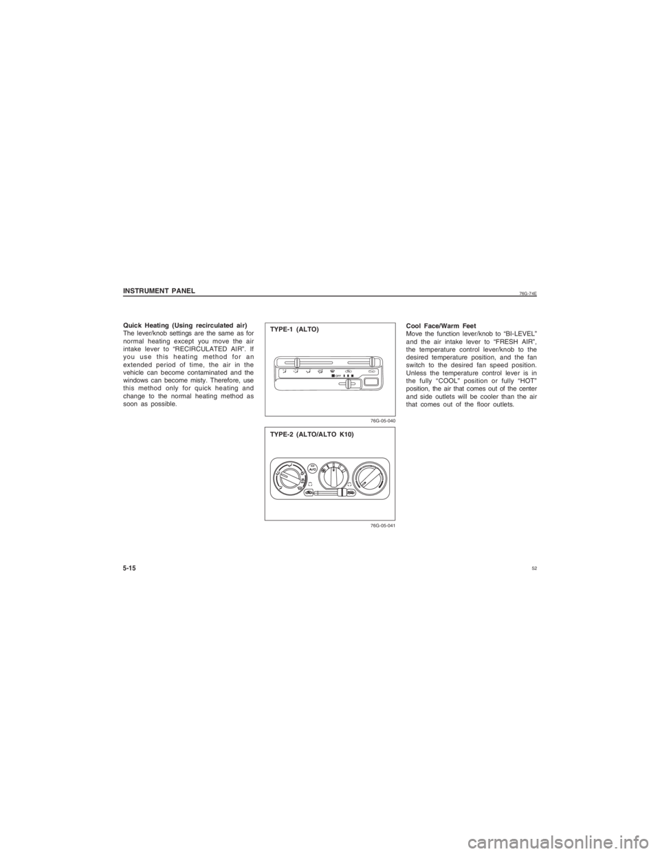 SUZUKI ALTO 2017 Workshop Manual  52
76G-74E
Quick Heating (Using recirculated air)
The lever/knob settings are the same as for
normal heating except you move the air
intake lever to “RECIRCULATED AIR”. If
you use this heating me