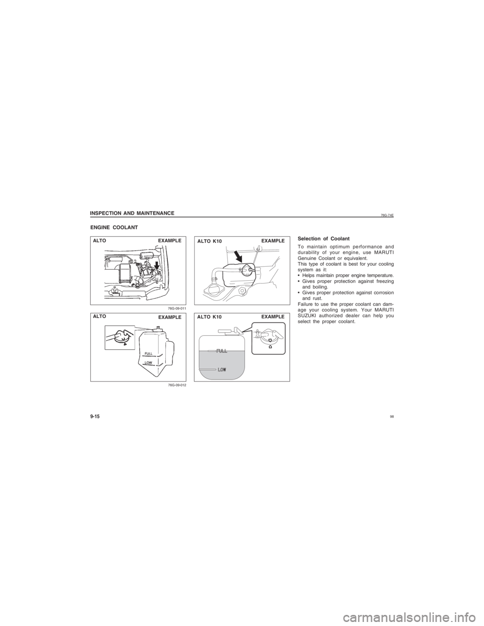 SUZUKI ALTO 2014 Owners Guide  98
76G-74E
INSPECTION AND MAINTENANCE9-15ENGINE COOLANT
76G-09-011
ALTO
76G-09-012
EXAMPLE
EXAMPLE
EXAMPLE
ALTO K10
EXAMPLE
ALTO
ALTO K10
Selection of CoolantTo maintain optimum performance and
durab