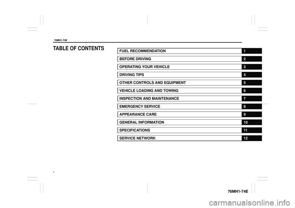 SUZUKI CELERIO 2017  Owners Manual 76MH1-74E
1
TABLE OF CONTENTSFUEL RECOMMENDATION1
BEFORE DRIVING2
OPERATING YOUR VEHICLE3
DRIVING TIPS4
OTHER CONTROLS AND EQUIPMENT5
VEHICLE LOADING AND TOWING6
INSPECTION AND MAINTENANCE7
EMERGENCY 