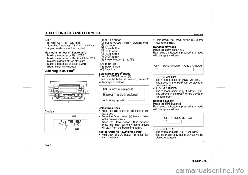 SUZUKI CELERIO 2020 Owners Manual 5-25
OTHER CONTROLS AND EQUIPMENT
76MH1-74E
76MH1-74E
AAC* Bit rate: ABR 16k - 320 kbbs Sampling frequency: 32 k/44.1 k/48 kHz* Apple Lossless is not supported.
Maximum number of files/folders M SUZUKI CELERIO 2020 Owners Manual 5-25
OTHER CONTROLS AND EQUIPMENT
76MH1-74E
76MH1-74E
AAC* Bit rate: ABR 16k - 320 kbbs Sampling frequency: 32 k/44.1 k/48 kHz* Apple Lossless is not supported.
Maximum number of files/folders M