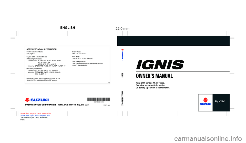 SUZUKI IGNIS 2020  Owners Manual Classification: API SG, SH, SJ, SL, SM or SN
Viscosity: SAE 0W-20, 5W-30, 10W-30, 10W-40, 
  15W-40, 20W-40
(K12M engine models)
(K12C engine models)
22.0 mmENGLISH
SERVICE STATION INFORMATION
Printed