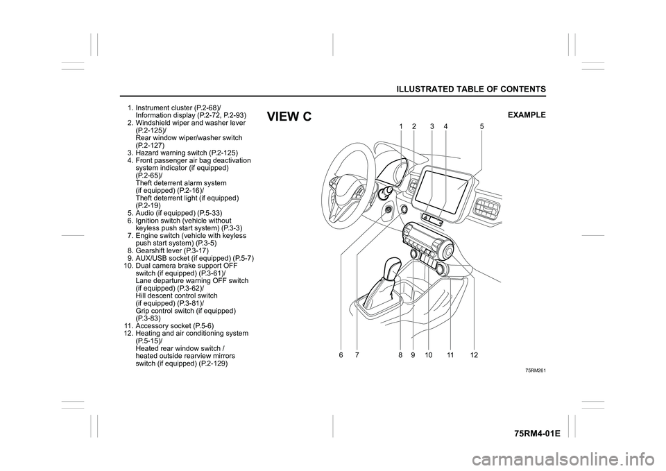 SUZUKI IGNIS 2020 User Guide ILLUSTRATED TABLE OF CONTENTS
75RM4-01E
1. Instrument cluster (P.2-68)/Information display (P.2-72, P.2-93)
2. Windshield wiper and washer lever 
(P.2-125)/
Rear window wiper/washer switch 
(P.2-127)
