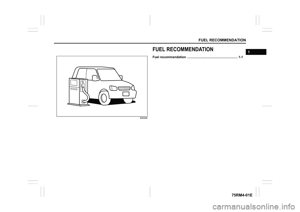 SUZUKI IGNIS 2019 Owners Manual FUEL RECOMMENDATION
1
75RM4-01E
65D394
FUEL RECOMMENDATIONFuel recommendation  ......................................................... 1-1 