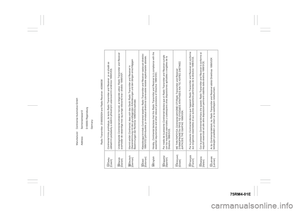 SUZUKI IGNIS 2021  Owners Manual 75RM4-01E
Manufacturer:   Continental Automotive GmbH 
Address:           Seimensstrasse12 D-93055 Regensburg 
Germany 
   Radio Transmitter:  S180052024 and Radio Receiver:  40398036 
esky 
[Czech] 