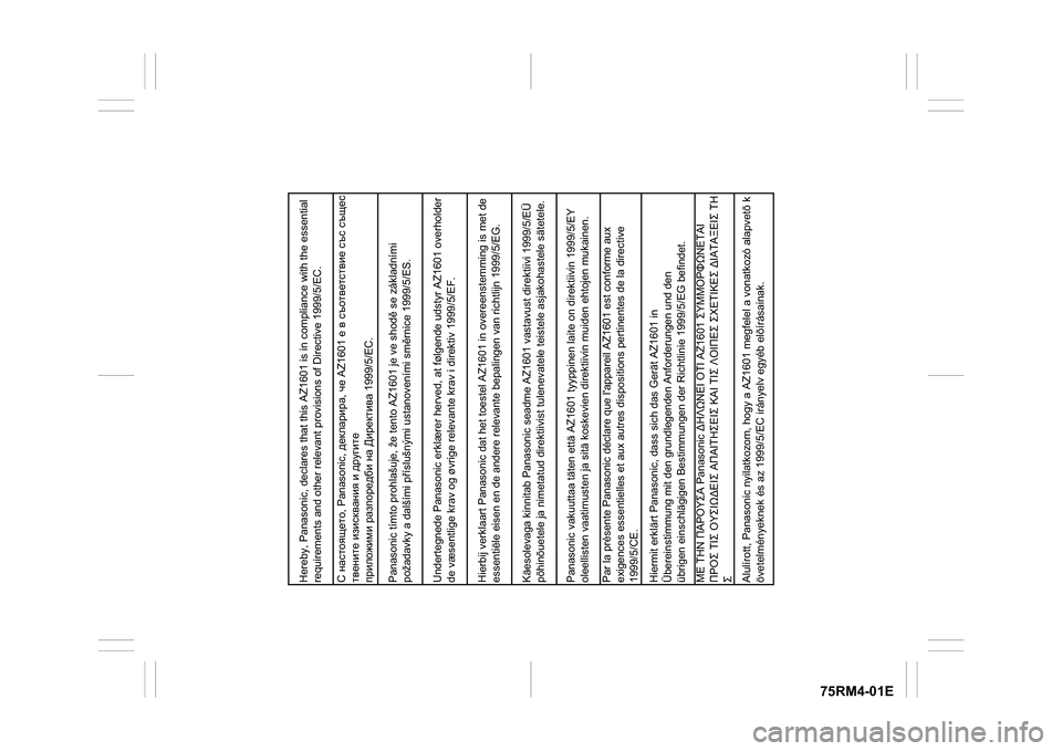 SUZUKI IGNIS 2020  Owners Manual 75RM4-01E
Undertegnede Panasonic erklærer herved, at følgende udstyr AZ1601 overholder
de væsentlige krav og øvrige relevante krav i direktiv 1999/5/EF.
Hereby, Panasonic, declares that this AZ160