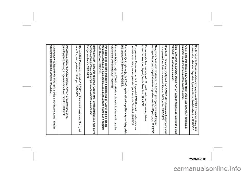 SUZUKI IGNIS 2021  Owners Manual 75RM4-01E
Con la presente Panasonic dichiara che questo AZ1601 è conforme ai requisiti
essenziali ed alle altre disposizioni pertinenti stabilite dalla direttiva 1999/5/CE.
Hawnhekk, Panasonic, jiddi
