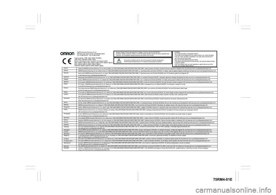 SUZUKI IGNIS 2020  Owners Manual 75RM4-01E
 
 
[Czech] 
Společnost OMRON Automotive Electronics Co. Ltd. tímto prohlašuje, že [ T68L0,I54P0,R64M0,37290-54P0,S54P0,S79M0,T55R1,I55R0  ] dodržuje Nařízení 2014/53/EU. Podrobné i