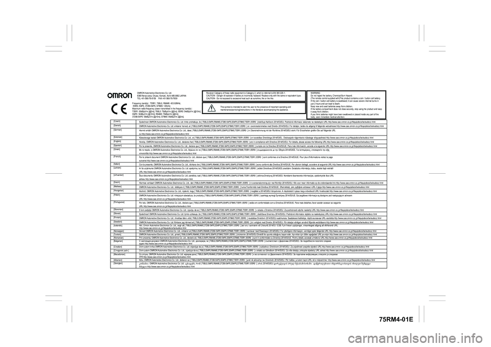 SUZUKI IGNIS 2021  Owners Manual 75RM4-01E
 
 
[Czech] 
Společnost OMRON Automotive Electronics Co. Ltd. tímto prohlašuje, že [ T68L0,I54P0,R64M0,37290-54P0,S54P0,S79M0,T55R1,I55R0  ] dodržuje Nařízení 2014/53/EU. Podrobné i