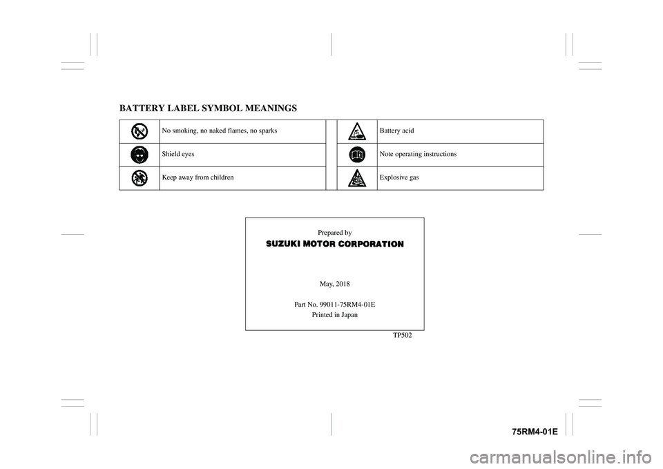 SUZUKI IGNIS 2021  Owners Manual 75RM4-01E
BATTERY LABEL SYMBOL MEANINGS
No smoking, no naked flames, no sparks
Battery acid
Shield eyes
Note operating instructions
Keep away from children
Explosive gas
Prepared by May, 2018
Part No.