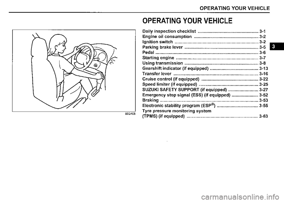 SUZUKI JIMNY 2022  Owners Manual OPERATING YOUR VEHICLE 
OPERATING YOUR VEHICLE 
Daily inspection checklist .................................................. 3-1 
Engine oil consumption ..............................................