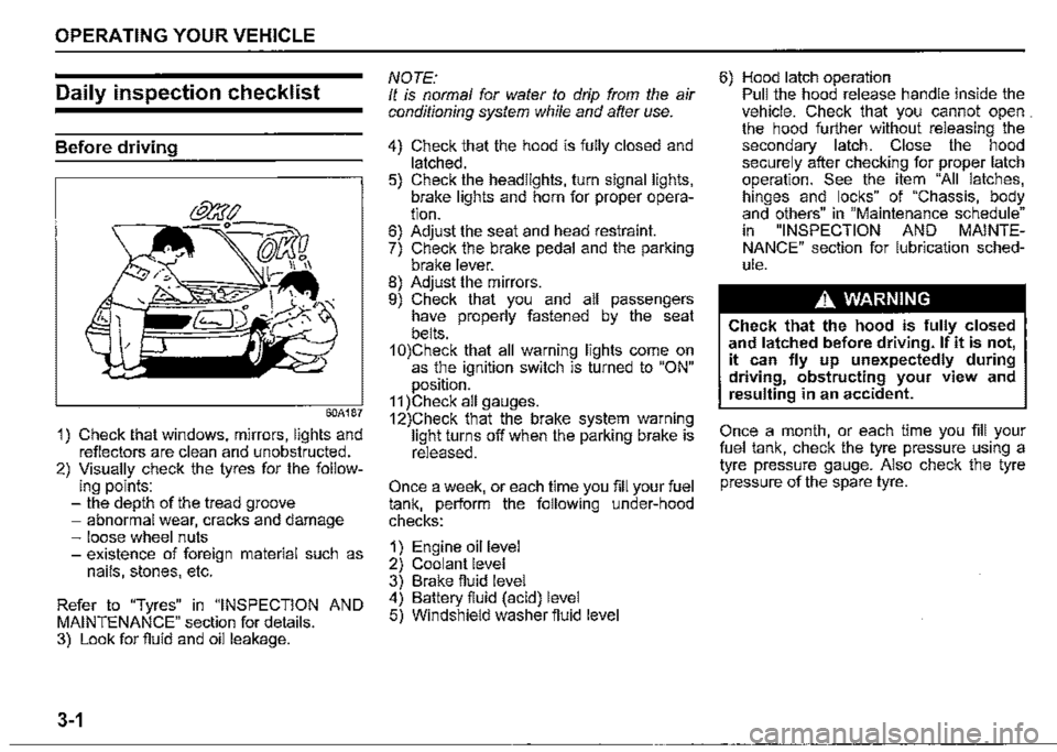 SUZUKI JIMNY 2021  Owners Manual OPERATING YOUR VEHICLE 
Daily inspection checklist 
Before driving 
60A187 
1) Check that windows, mirrors, lights and reflectors are clean and unobstructed. 2) Visually check the tyres for the follow
