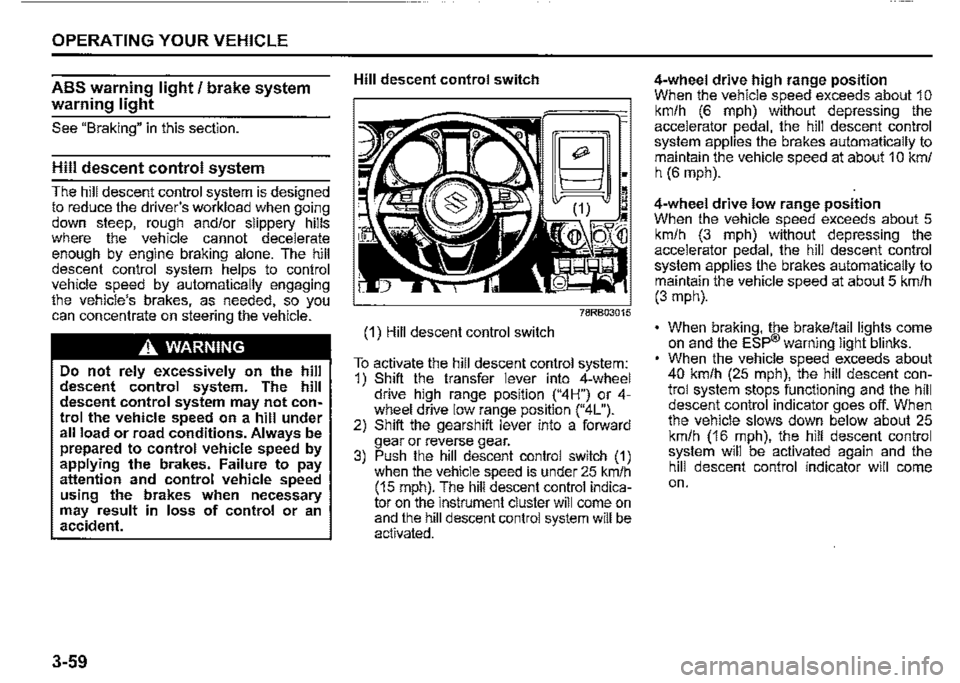 SUZUKI JIMNY 2022 User Guide OPERATING YOUR VEHICLE 
ABS warning light/ brake system 
warning light 
See "Braking" in this section. 
Hill descent control system 
The hill descent control system is designed to reduce the drivers 