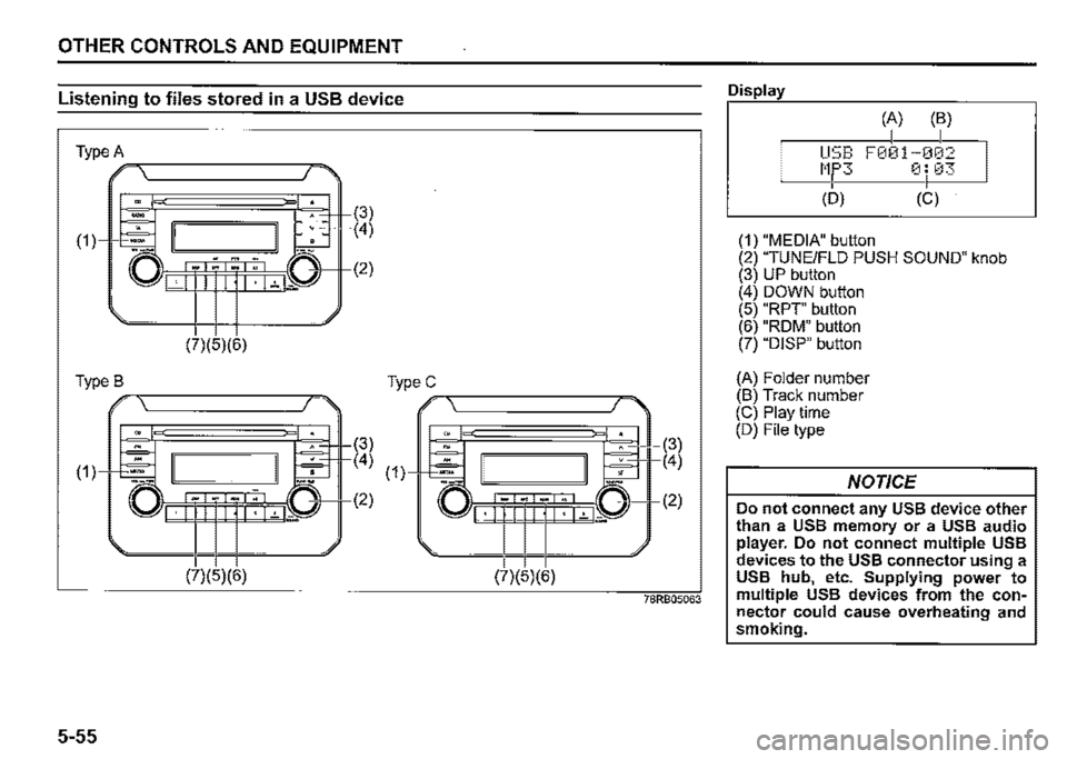 SUZUKI JIMNY 2019  Owners Manual OTHER CONTROLS AND EQUIPMENT 
Listening to files stored in a USB device 
Type A ---------r, 
(1) 
(7)(5)(6) 
TypeB -._----------,..,,_ 
,,, lb 1_ --~ 
(7)(5)(6) 
5-55 
(3) (4) 
(2) 
(3) 
(4) (1),rc=-