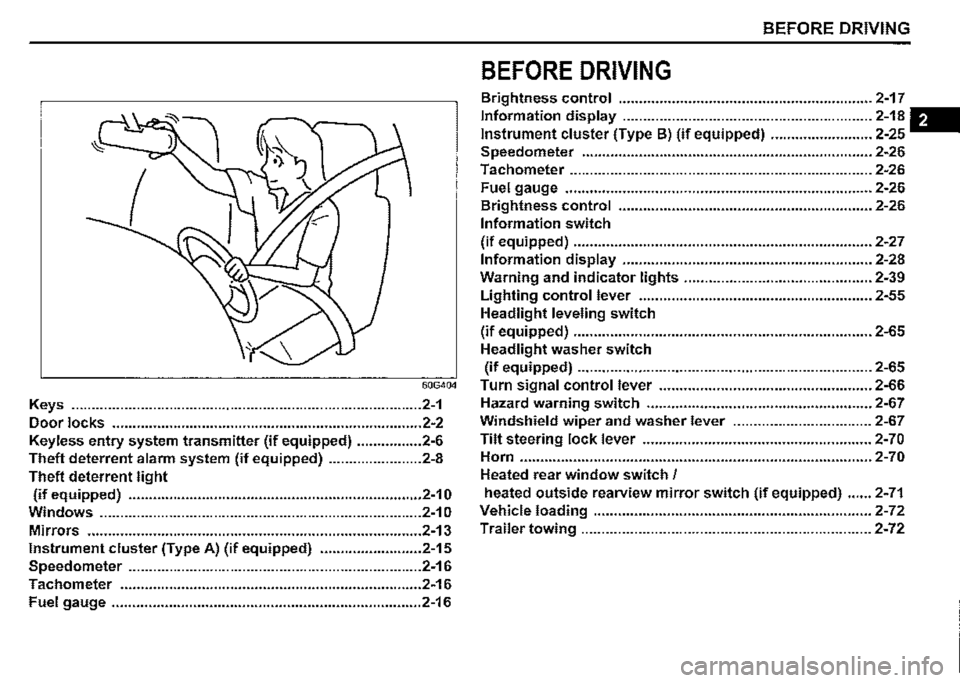 SUZUKI JIMNY 2020  Owners Manual BEFORE DRIVING 
BEFORE DRIVING 
Brightness control .............................................................. 2-17 
Information display ............................................................