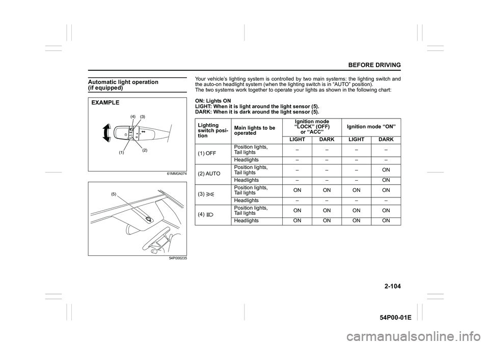 SUZUKI GRAND VITARA 2022  Owners Manual 2-104
BEFORE DRIVING
54P00-01E
Automatic light operation (if equipped)
61MM0A074
54P000235
(3)(4)
(2)
(1)
EXAMPLE
(5)
Your vehicle’s lighting system is controlled by two main systems: the lighting s