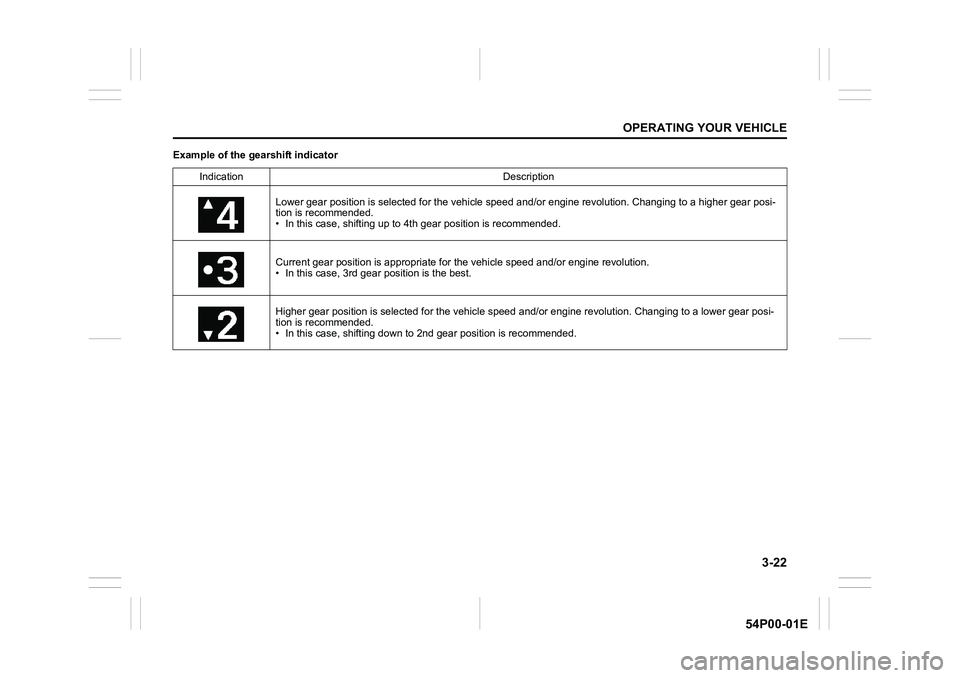 SUZUKI GRAND VITARA 2022 Owners Manual 3-22
OPERATING YOUR VEHICLE
54P00-01E
Example of the gearshift indicator
Indication Description
Lower gear position is selected for the vehicle speed and/or engine revolution. Changing to a higher gea SUZUKI GRAND VITARA 2022 Owners Manual 3-22
OPERATING YOUR VEHICLE
54P00-01E
Example of the gearshift indicator
Indication Description
Lower gear position is selected for the vehicle speed and/or engine revolution. Changing to a higher gea