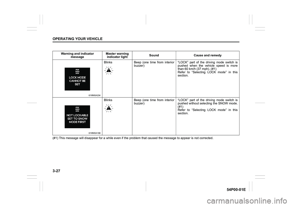 SUZUKI GRAND VITARA 2022 Service Manual 3-27
OPERATING YOUR VEHICLE
54P00-01E
(#1) This message will disappear for a while even if the problem that caused the message to appear is not corrected. Warning and indicator 
messageMaster warning
