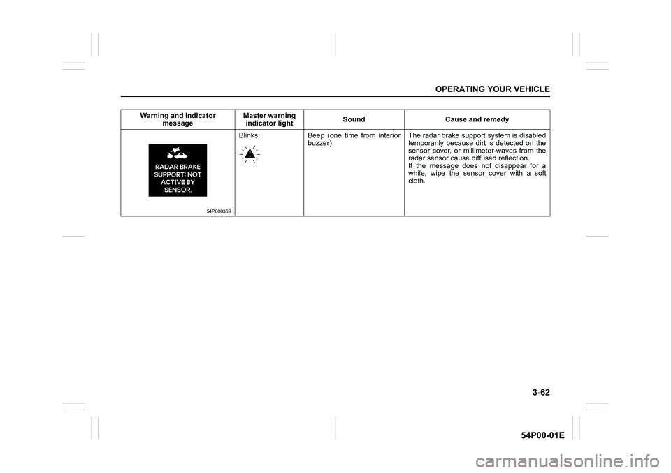 SUZUKI GRAND VITARA 2022 Owners Manual 3-62
OPERATING YOUR VEHICLE
54P00-01E
Warning and indicator
messageMaster warning
indicator lightSound Cause and remedy
54P000359
Blinks Beep (one time from interior
buzzer)The radar brake support s SUZUKI GRAND VITARA 2022 Owners Manual 3-62
OPERATING YOUR VEHICLE
54P00-01E
Warning and indicator
messageMaster warning
indicator lightSound Cause and remedy
54P000359
Blinks Beep (one time from interior
buzzer)The radar brake support s