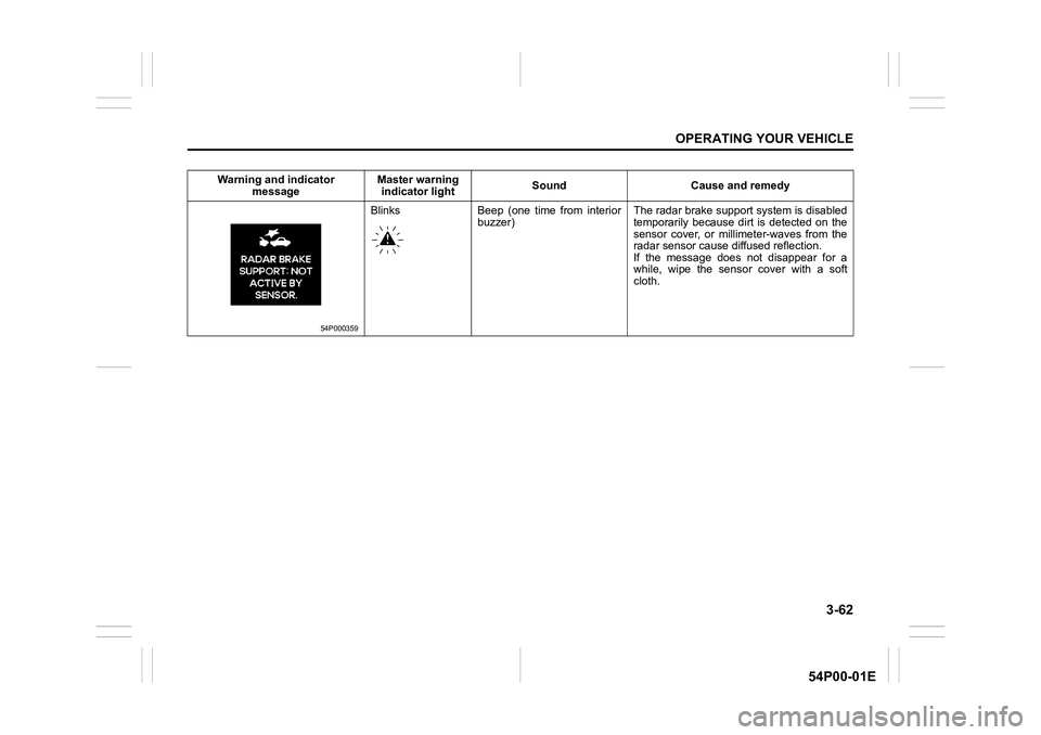 SUZUKI GRAND VITARA 2022 Owners Guide 3-62
OPERATING YOUR VEHICLE
54P00-01E
Warning and indicator 
messageMaster warning 
indicator lightSound Cause and remedy
54P000359
Blinks Beep (one time from interior
buzzer)The radar brake support s