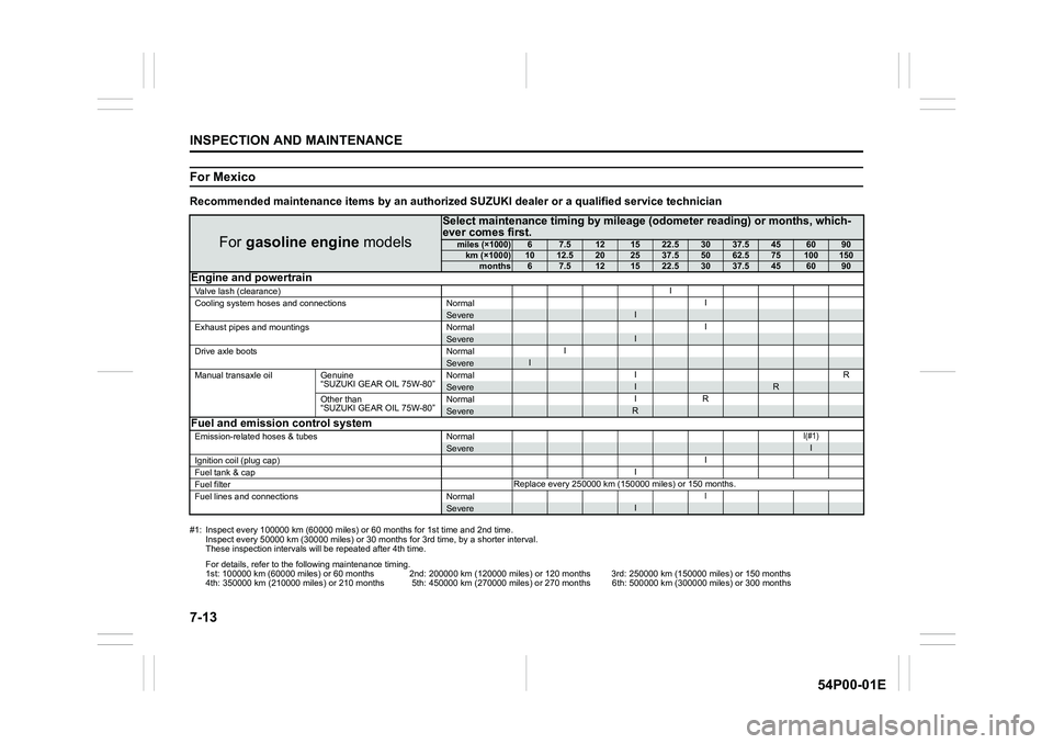 SUZUKI GRAND VITARA 2022 Owners Manual 7-13
INSPECTION AND MAINTENANCE
54P00-01E
For Mexico
Recommended maintenance items by an authorized SUZUKI dealer or a qualified service technician
#1: Inspect every 100000 km (60000 miles) or 60 mont SUZUKI GRAND VITARA 2022 Owners Manual 7-13
INSPECTION AND MAINTENANCE
54P00-01E
For Mexico
Recommended maintenance items by an authorized SUZUKI dealer or a qualified service technician
#1: Inspect every 100000 km (60000 miles) or 60 mont