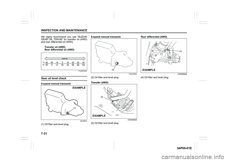 SUZUKI GRAND VITARA 2022 Owners Manual 7-31
INSPECTION AND MAINTENANCE
54P00-01E
We highly recommend you use “SUZUKI
GEAR OIL 75W-85” for transfer oil (4WD)
and rear differential oil (4WD).
Transfer oil (4WD)
Rear differential oil (4WD SUZUKI GRAND VITARA 2022 Owners Manual 7-31
INSPECTION AND MAINTENANCE
54P00-01E
We highly recommend you use “SUZUKI
GEAR OIL 75W-85” for transfer oil (4WD)
and rear differential oil (4WD).
Transfer oil (4WD)
Rear differential oil (4WD