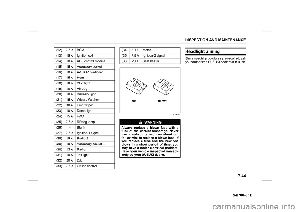 SUZUKI GRAND VITARA 2022 Owners Manual 7-44
INSPECTION AND MAINTENANCE
54P00-01E
81A283
Headlight aiming
Since special procedures are required, ask
your authorized SUZUKI dealer for this job. (12) 7.5 A BCM
(13) 15 A Ignition coil
(14) 10 SUZUKI GRAND VITARA 2022 Owners Manual 7-44
INSPECTION AND MAINTENANCE
54P00-01E
81A283
Headlight aiming
Since special procedures are required, ask
your authorized SUZUKI dealer for this job. (12) 7.5 A BCM
(13) 15 A Ignition coil
(14) 10