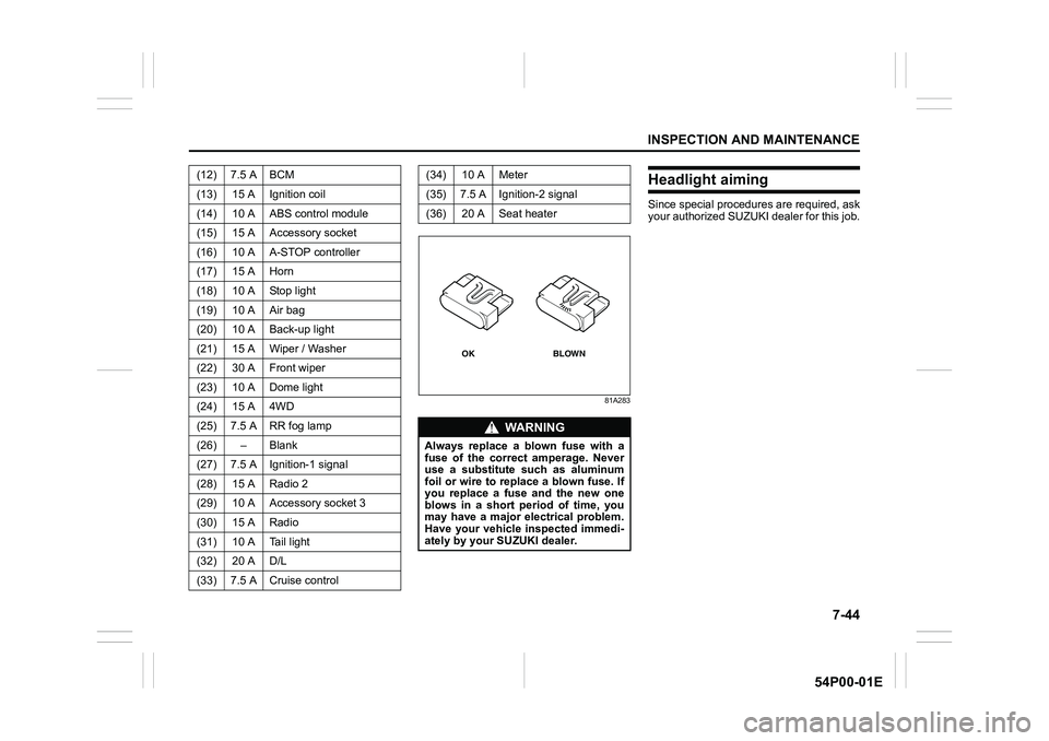 SUZUKI GRAND VITARA 2020 User Guide 7-44
INSPECTION AND MAINTENANCE
54P00-01E
81A283
Headlight aiming
Since special procedures are required, ask
your authorized SUZUKI dealer for this job. (12) 7.5 A BCM
(13) 15 A Ignition coil
(14) 10 