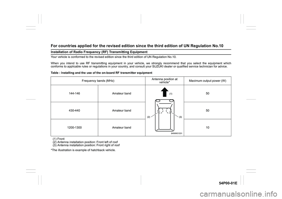 SUZUKI GRAND VITARA 2022  Owners Manual 54P00-01E
For countries applied for the revised edition since the third edition of UN Regulation No.10
Installation of Radio Frequency (RF) Transmitting Equipment
Your vehicle is conformed to the revi