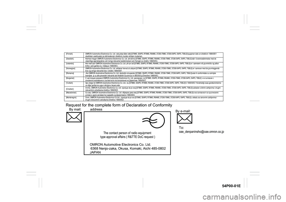 SUZUKI GRAND VITARA 2022  Owners Manual 54P00-01E
  [Finnish]  OMRON Automotive Electronics Co. Ltd. vakuuttaa täten että [S79M0, S54P0, R79M0, R64M0, 37290-79M0, 37290-54P0, I54P0, T68L0] tyyppinen laite on direktiivin 1999/5/EY 
oleelli