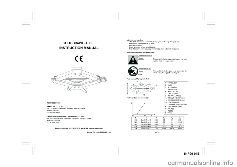 SUZUKI GRAND VITARA 2022  Owners Manual 54P00-01E
PANTOGRAPH JACK 
INSTRUCTION MANUAL 
Manufacturers:
RIKENKAKI CO., LTD. 
5-6-12 Chiyoda, Sakado-shi, Saitama, 350-0214 Japan 
Tel: 049-248-1661 
Fax:049-284-4340
CHANGZHOU RIKENSEIKO MACHINE