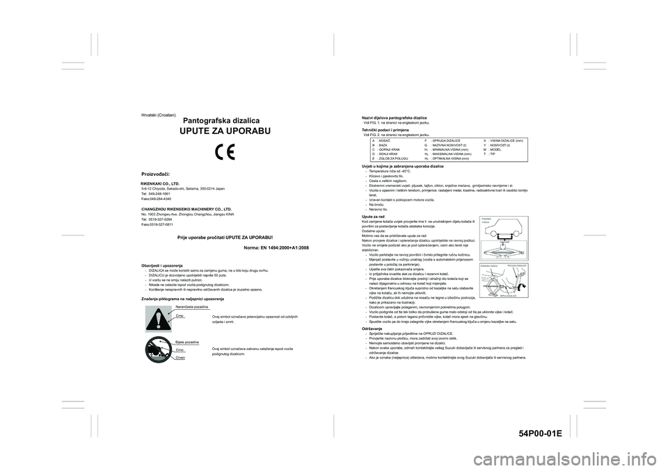 SUZUKI GRAND VITARA 2020  Owners Manual 54P00-01E
Nazivi dijelova pantografske dizalice Vidi FIG. 1. na stranici na engleskom jeziku. Tehni�þki podaci i primjena Vidi FIG. 2. na stranici na engleskom jeziku.  
 
 
 
 
Uvjeti u kojima je za