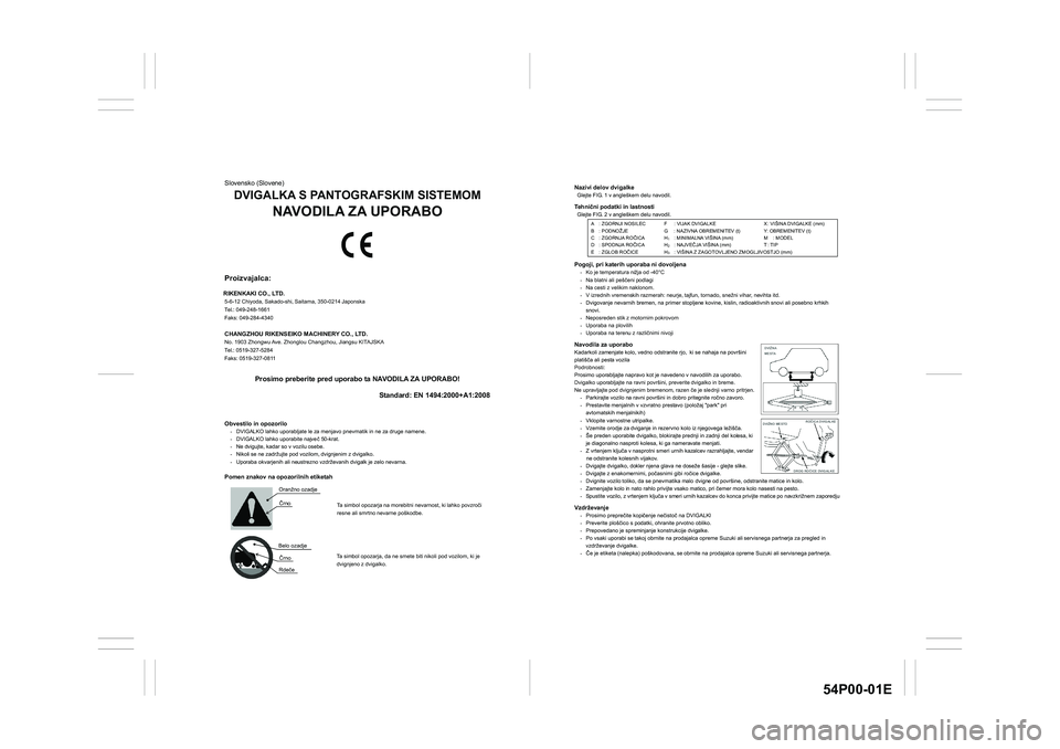 SUZUKI GRAND VITARA 2020  Owners Manual 54P00-01E
Nazivi delov dvigalke Glejte FIG. 1 v angleškem delu navodil. Tehni�þni podatki in lastnosti Glejte FIG. 2 v angleškem delu navodil.  
 
 
 
 
Pogoji, pri katerih uporaba ni dovoljena 
- 
