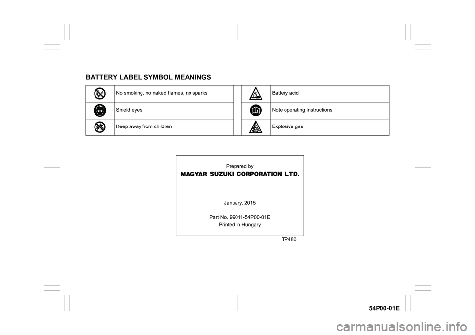 SUZUKI GRAND VITARA 2022  Owners Manual 54P00-01E
BATTERY LABEL SYMBOL MEANINGS
No smoking, no naked flames, no sparksBattery acid
Shield eyesNote operating instructions
Keep away from childrenExplosive gas
Prepared by
January, 2015
Part No