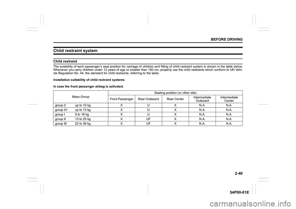 SUZUKI GRAND VITARA 2022 Repair Manual 2-40
BEFORE DRIVING
54P00-01E
Child restraint system
Child restraint
The suitability of each passenger’s seat position for carriage of children and fitting of child restraint system is shown in the SUZUKI GRAND VITARA 2022 Repair Manual 2-40
BEFORE DRIVING
54P00-01E
Child restraint system
Child restraint
The suitability of each passenger’s seat position for carriage of children and fitting of child restraint system is shown in the