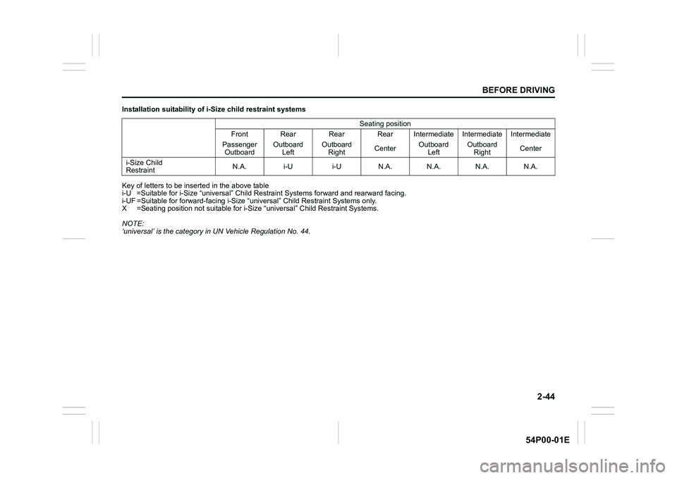 SUZUKI GRAND VITARA 2022 Repair Manual 2-44
BEFORE DRIVING
54P00-01E
Installation suitability of i-Size child restraint systems
Key of letters to be inserted in the above table
i-U =Suitable for i-Size “universal” Child Restraint Syste SUZUKI GRAND VITARA 2022 Repair Manual 2-44
BEFORE DRIVING
54P00-01E
Installation suitability of i-Size child restraint systems
Key of letters to be inserted in the above table
i-U =Suitable for i-Size “universal” Child Restraint Syste