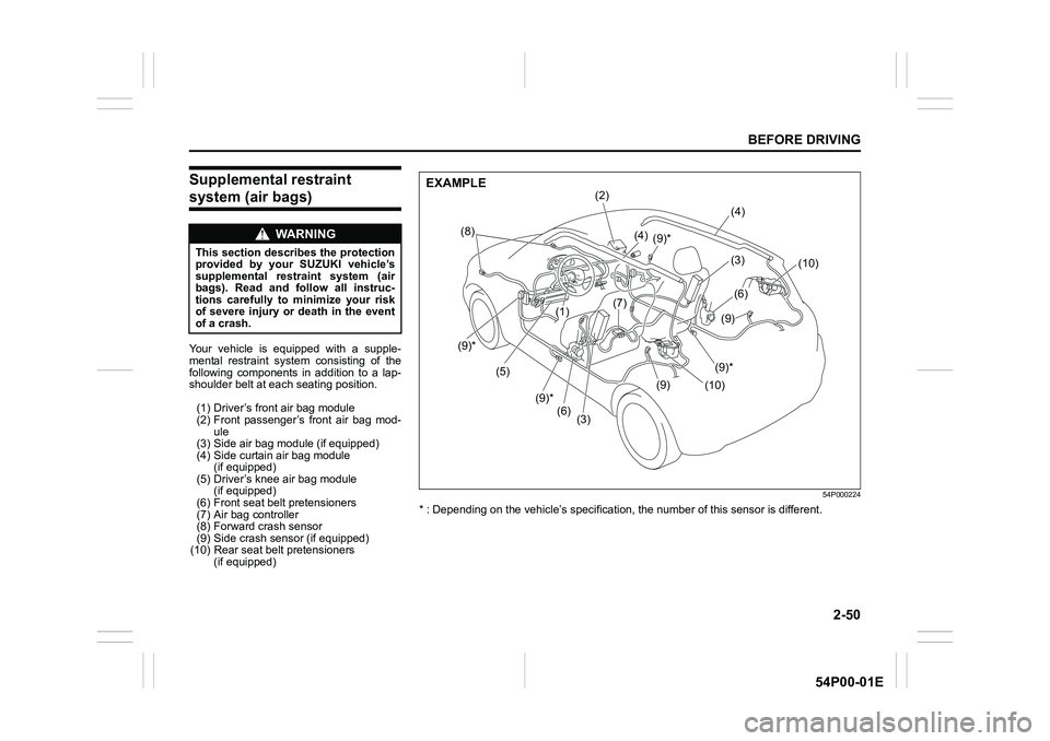SUZUKI GRAND VITARA 2022 Manual PDF 2-50
BEFORE DRIVING
54P00-01E
Supplemental restraint 
system (air bags) 
Your vehicle is equipped with a supple-
mental restraint system consisting of the
following components in addition to a lap-
sh