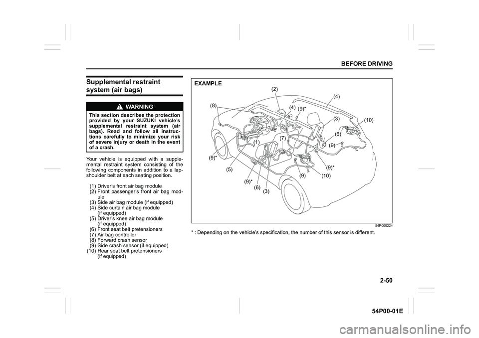 SUZUKI GRAND VITARA 2022 Manual PDF 2-50
BEFORE DRIVING
54P00-01E
Supplemental restraint
system (air bags)
Your vehicle is equipped with a supple-
mental restraint system consisting of the
following components in addition to a lap-
sh SUZUKI GRAND VITARA 2022 Manual PDF 2-50
BEFORE DRIVING
54P00-01E
Supplemental restraint
system (air bags)
Your vehicle is equipped with a supple-
mental restraint system consisting of the
following components in addition to a lap-
sh