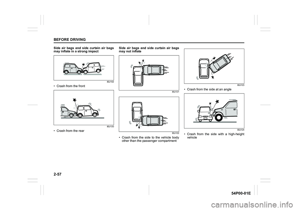 SUZUKI GRAND VITARA 2022 Manual PDF 2-57
BEFORE DRIVING
54P00-01E
Side air bags and side curtain air bags
may inflate in a strong impact
80J102
• Crash from the front
80J120
• Crash from the rearSide air bags and side curtain air ba