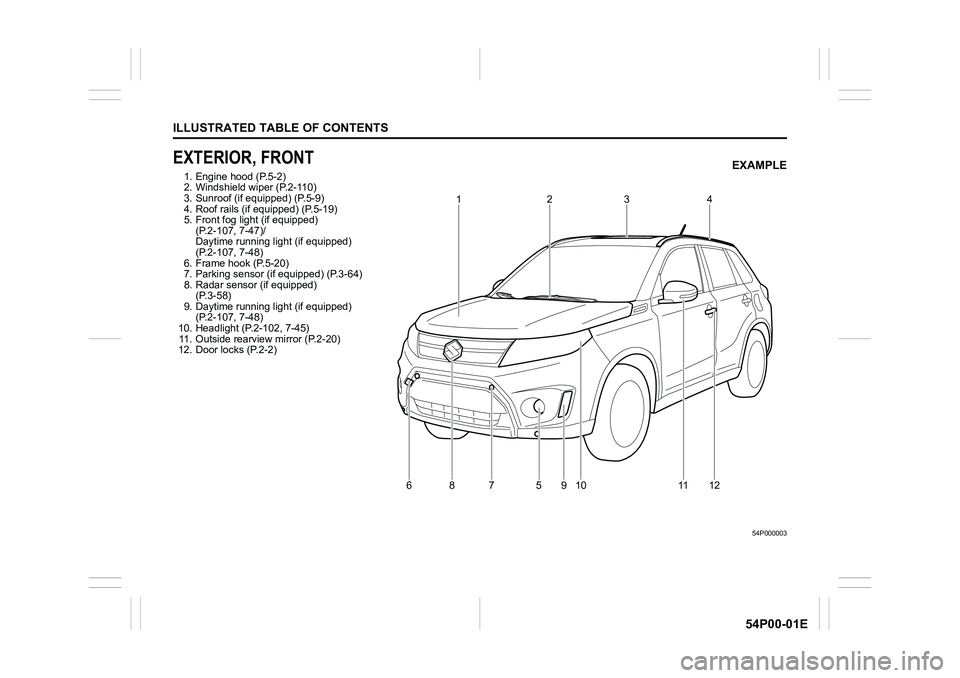 SUZUKI GRAND VITARA 2015  Owners Manual ILLUSTRATED TABLE OF CONTENTS
54P00-01E
EXTERIOR, FRONT
1. Engine hood (P.5-2)
2. Windshield wiper (P.2-110)
3. Sunroof (if equipped) (P.5-9)
4. Roof rails (if equipped) (P.5-19)
5. Front fog light (i