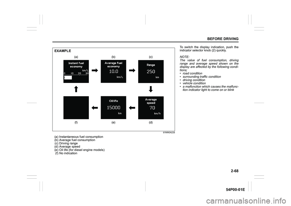 SUZUKI GRAND VITARA 2022 Manual Online 2-68
BEFORE DRIVING
54P00-01E
61MM0A228
(a) Instantaneous fuel consumption
(b) Average fuel consumption
(c) Driving range
(d) Average speed
(e) Oil life (for diesel engine models)
(f) No indication
(a SUZUKI GRAND VITARA 2022 Manual Online 2-68
BEFORE DRIVING
54P00-01E
61MM0A228
(a) Instantaneous fuel consumption
(b) Average fuel consumption
(c) Driving range
(d) Average speed
(e) Oil life (for diesel engine models)
(f) No indication
(a