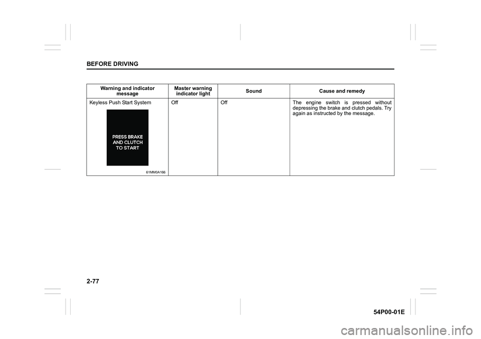 SUZUKI GRAND VITARA 2020  Owners Manual 2-77
BEFORE DRIVING
54P00-01E
Warning and indicator 
messageMaster warning
indicator lightSound Cause and remedy
Keyless Push Start System
61MM0A166
Off Off The engine switch is pressed without
depres