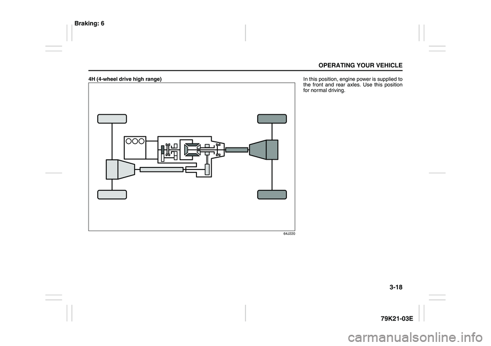 SUZUKI GRAND VITARA 2014 Owners Guide 3-18
OPERATING YOUR VEHICLE
79K21-03E
4H (4-wheel drive high range)
64J220
In this position, engine power is supplied to
the front and rear axles. Use this position
for normal driving.
Braking: 6 