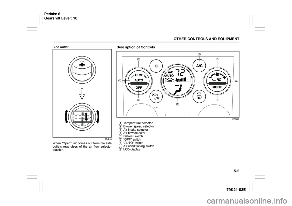 SUZUKI GRAND VITARA 2009  Owners Manual 5-2
OTHER CONTROLS AND EQUIPMENT
79K21-03E
Side outlet
63J045
When “Open”, air comes out from the side
outlets regardless of the air flow selector
position.
Description of Controls
79K020
(1) Temp
