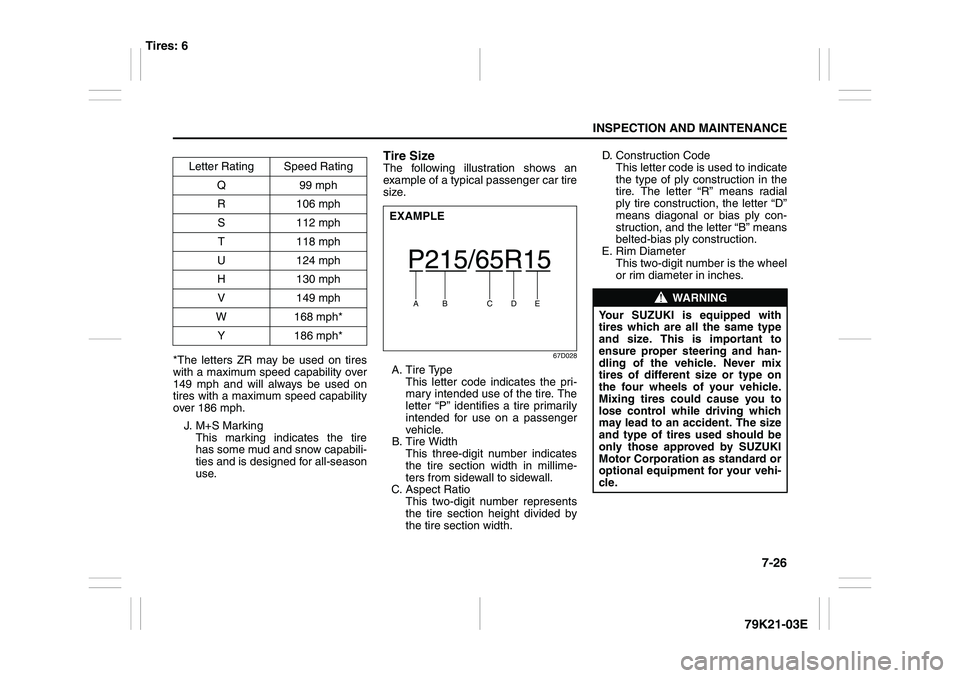 SUZUKI GRAND VITARA 2006  Owners Manual 7-26
INSPECTION AND MAINTENANCE
79K21-03E
*The letters ZR may be used on tires
with a maximum speed capability over
149 mph and will always be used on
tires with a maximum speed capability
over 186 mp