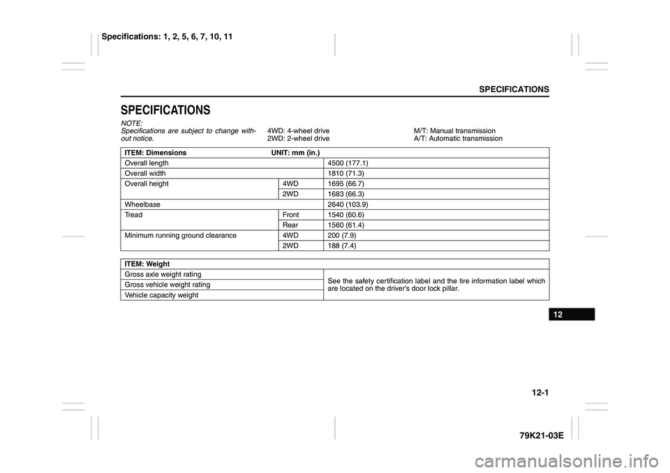 SUZUKI GRAND VITARA 2012  Owners Manual 12-1
SPECIFICATIONS
79K21-03E
12
SPECIFICATIONSNOTE:
Specifications are subject to change with-
out notice.4WD: 4-wheel drive
2WD: 2-wheel driveM/T: Manual transmission
A/T: Automatic transmission
ITE
