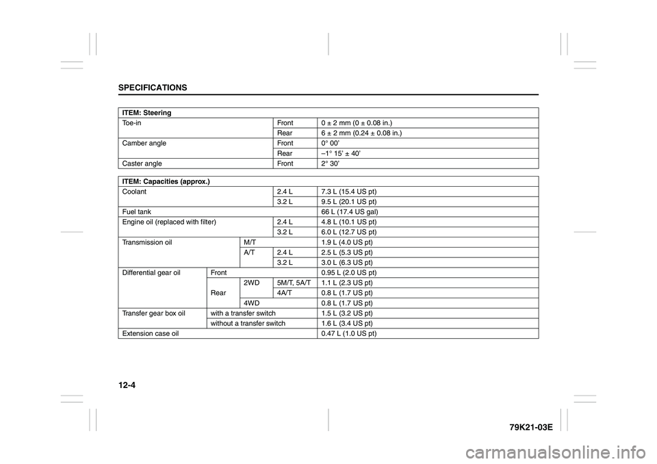 SUZUKI GRAND VITARA 2011  Owners Manual 12-4SPECIFICATIONS
79K21-03E
ITEM: Steering
Toe-in Front 0 ± 2 mm (0 ± 0.08 in.)
Rear 6 ± 2 mm (0.24 ± 0.08 in.)
Camber angle Front 0° 00’
Rear –1° 15’ ± 40’
Caster angle Front 2° 30�